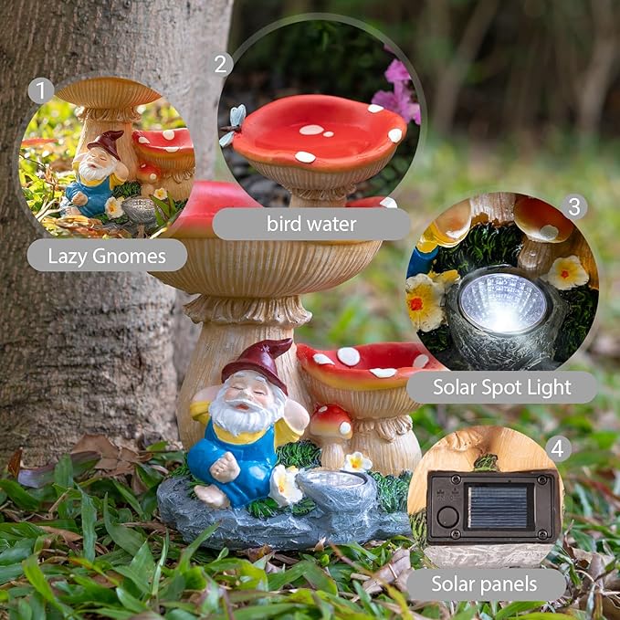 Solar bird water fountain with two red mushroom bowls, gnome statue, spotlight
