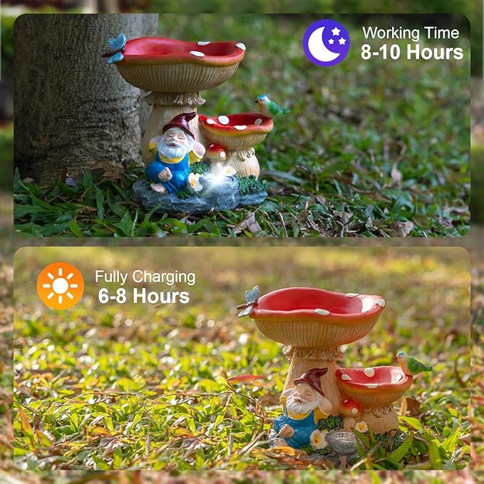 Two-level gnome bird feeder with red bowls and solar spot light glow