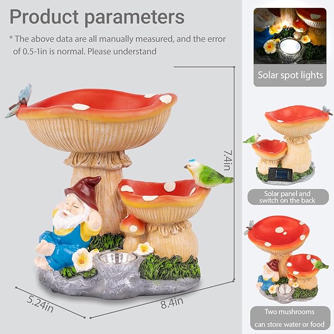 Red double mushroom bird bath with gnome figurines and solar panel spotlights