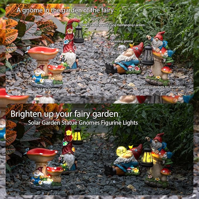 Solar gnome bird feeders with red mushroom bowls and warm glowing lights