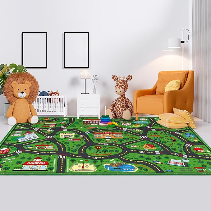 Green city traffic playmat rug with winding roads, buildings, and landmarks for kids play