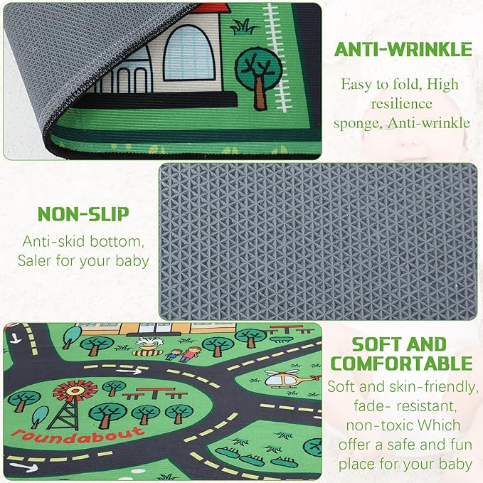 Green kids playmat rug with non-slip textured underside and folded edge detail