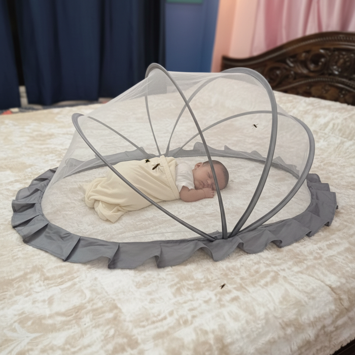 TiniTot Grey Mosquito Net - Baby Sleeping Inside
