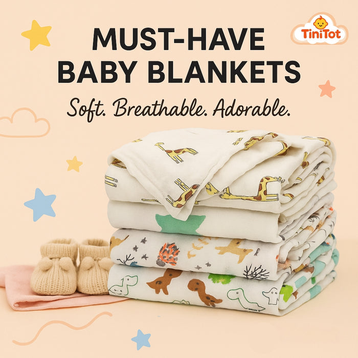 TiniTot Baby Muslin Swaddle Blanket | Pack of 3 | 100% Breathable Cotton | Newborn to 12 Months | Animal Print