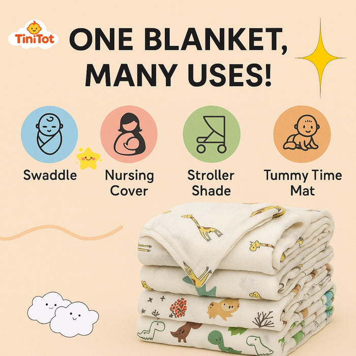 TiniTot Baby Muslin Swaddle Blanket | Pack of 3 | 100% Breathable Cotton | Newborn to 12 Months | Animal Print