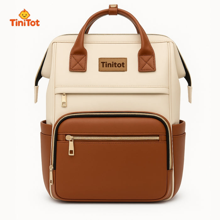TiniTot Diaper Bag Backpack | Waterproof Rexine Baby Bag with Back Access & Phone Pocket | Brown & Cream