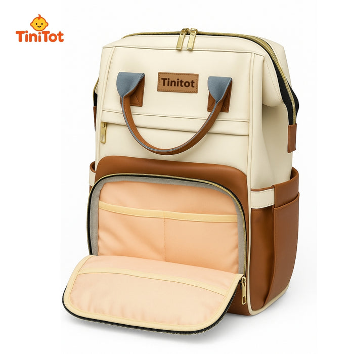 TiniTot Diaper Bag Backpack | Waterproof Rexine Baby Bag with Back Access & Phone Pocket | Brown & Cream