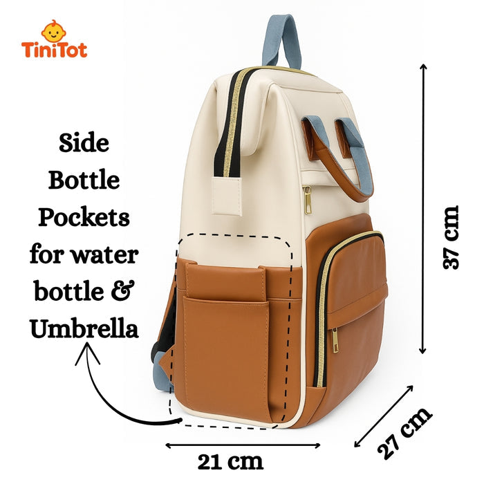 TiniTot Diaper Bag Backpack | Waterproof Rexine Baby Bag with Back Access & Phone Pocket | Brown & Cream
