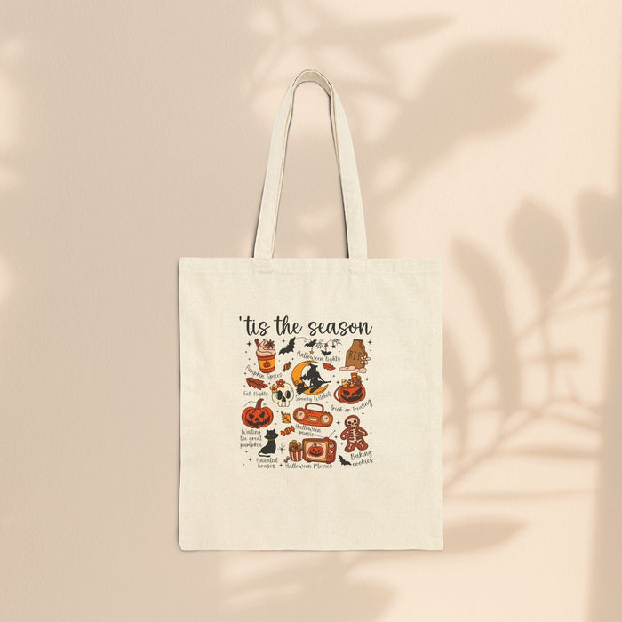 ’Tis the Season Halloween Cotton Canvas Tote Bag – Retro Illustrated Collage | 12oz Heavy Canvas | 15” × 16” | Spooky Season Tote