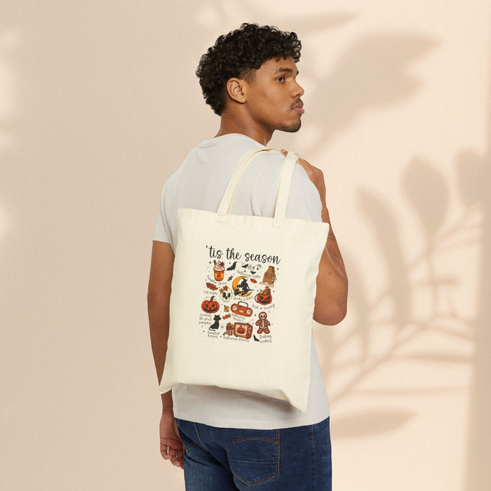’Tis the Season Halloween Cotton Canvas Tote Bag – Retro Illustrated Collage | 12oz Heavy Canvas | 15” × 16” | Spooky Season Tote