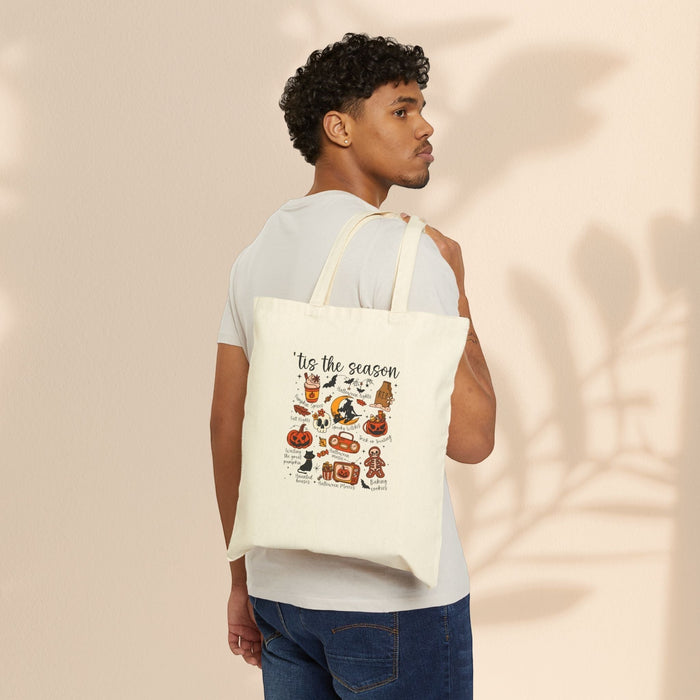 ’Tis the Season Halloween Cotton Canvas Tote Bag – Retro Illustrated Collage | 12oz Heavy Canvas | 15” × 16” | Spooky Season Tote