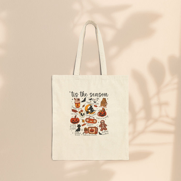 ’Tis the Season Halloween Cotton Canvas Tote Bag – Retro Illustrated Collage | 12oz Heavy Canvas | 15” × 16” | Spooky Season Tote