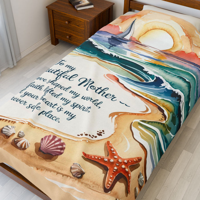To My Beautiful Mother Velveteen Plush Blanket – Ocean Sunset Watercolour Beach Scene | Your Love Shaped My World | 3 Sizes | Gift for Mom