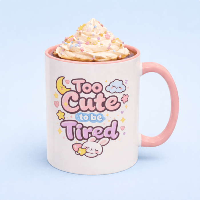 White mug with pink handle, kawaii bunny quote, and whipped-cream topping