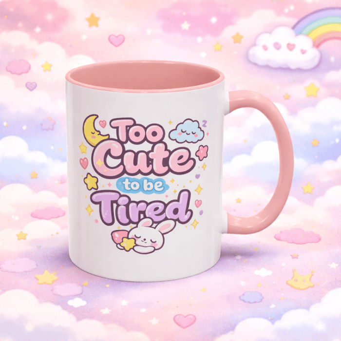 White mug with pink handle and kawaii bunny quote graphic