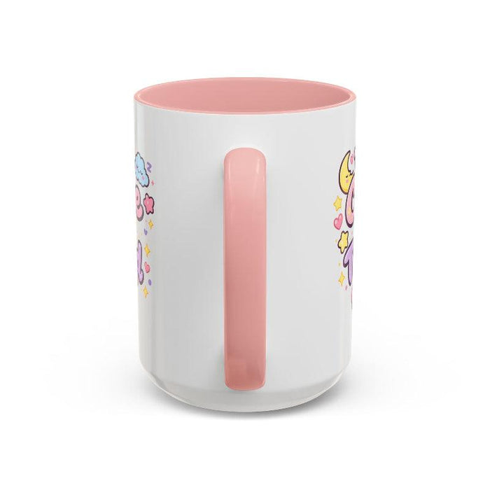 White mug side view with pink handle and partial kawaii bunny graphic