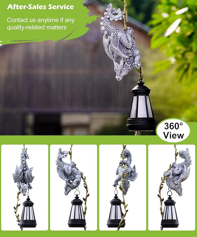 Hanging stone-gray dragon ornament with black lantern, shown from multiple angles