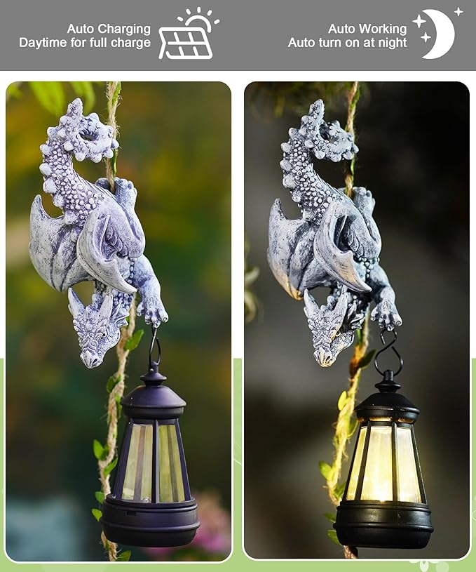 Hanging dragon figurine with black solar lantern, daytime vs nighttime glow