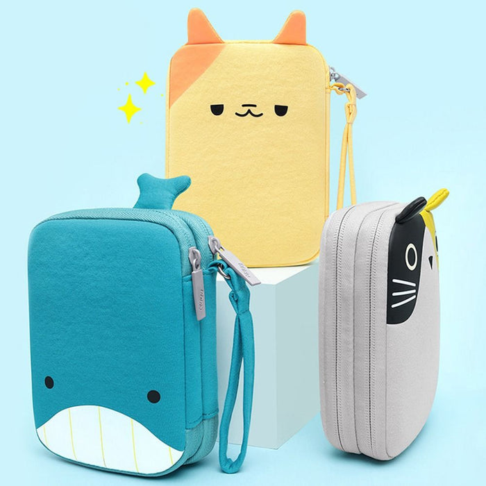 Travel cable organizer pouches set: yellow cat, teal whale, gray animal, with zippers
