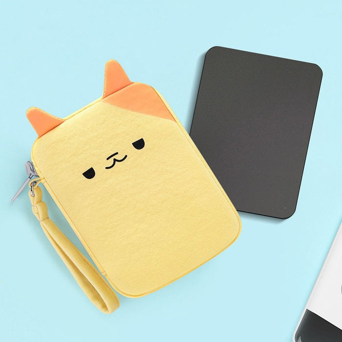 Yellow cat-shaped travel cable organizer pouch with zipper and wrist strap