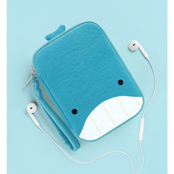 Teal whale-shaped travel cable organizer pouch with zipper and white cable