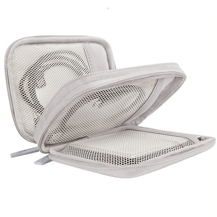 Light gray travel cable organizer pouch with open mesh compartment and zipper