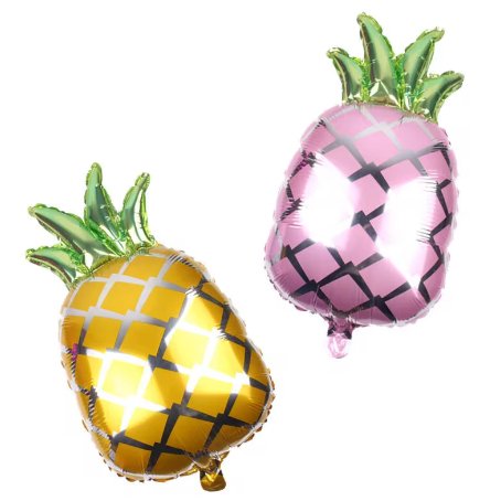 Yellow and pink pineapple mylar balloons with green foil leaves