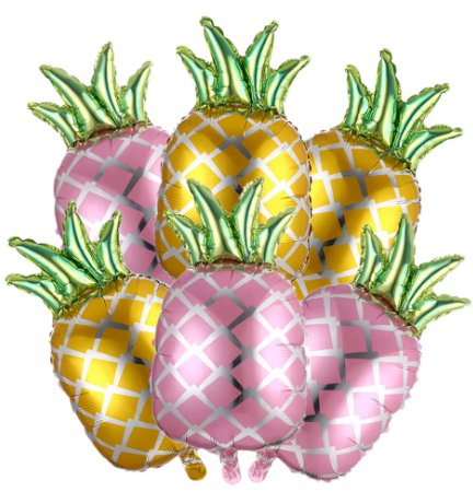 Cluster of pink and yellow pineapple mylar balloons with green foil leaves