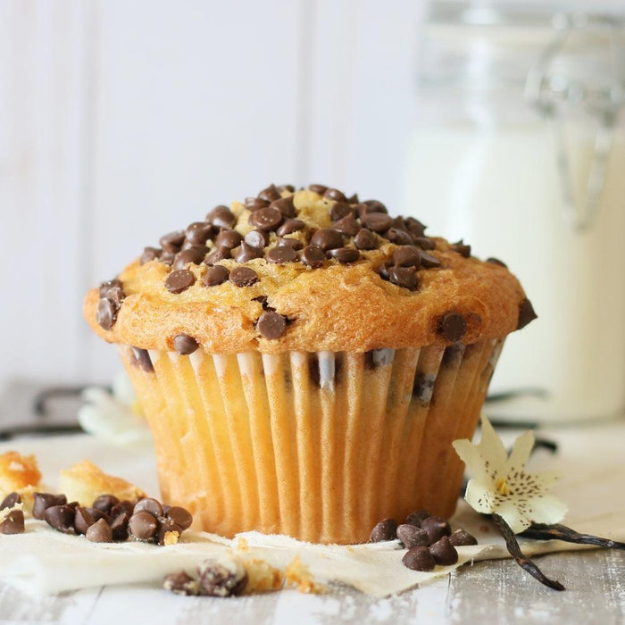 Chocolate chip muffin with chocolate pieces on top, on parchment paper