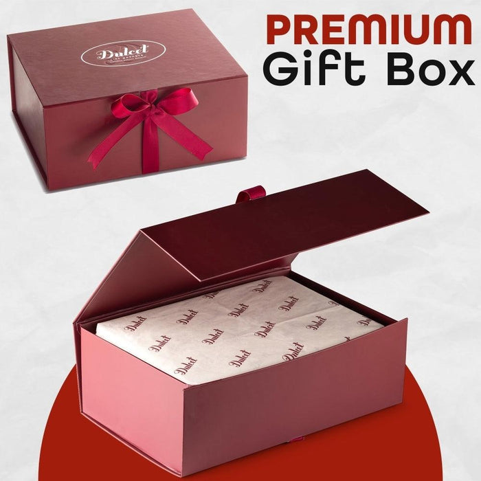 Premium gift box with ribbon, opened to reveal tissue paper inside