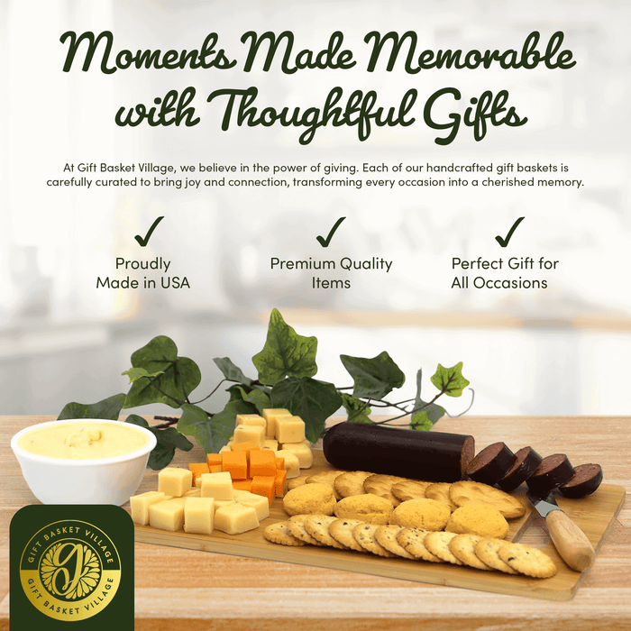 Charcuterie gift tray with cheese cubes, crackers, and sausage slices