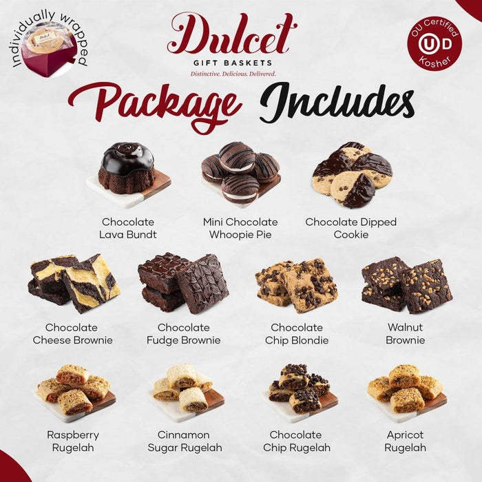 Dulcet package includes graphic showing assorted chocolates, brownies, cookies, and more