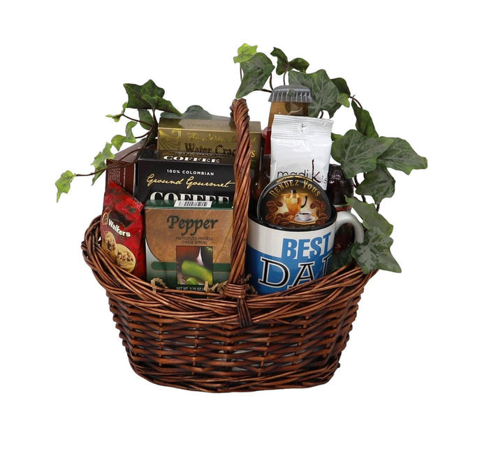 Gift basket with wicker handle, Best Dad mug, coffee and pepper snack packs