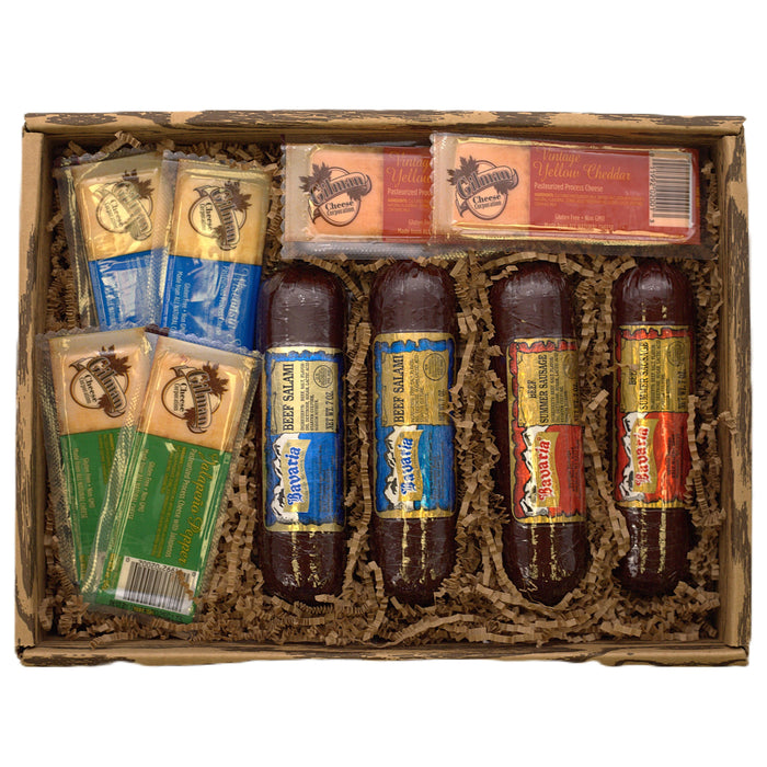 Meat and cheese gift box with assorted sausages, salami sticks, and cheese bars inside
