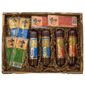 Meat and cheese gift box with assorted sausages, salami sticks, and cheese bars inside