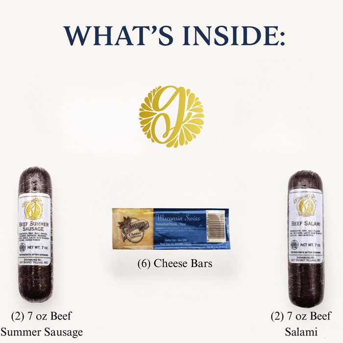 Gift box contents: beef summer sausage bottles and cheese bars arranged for display