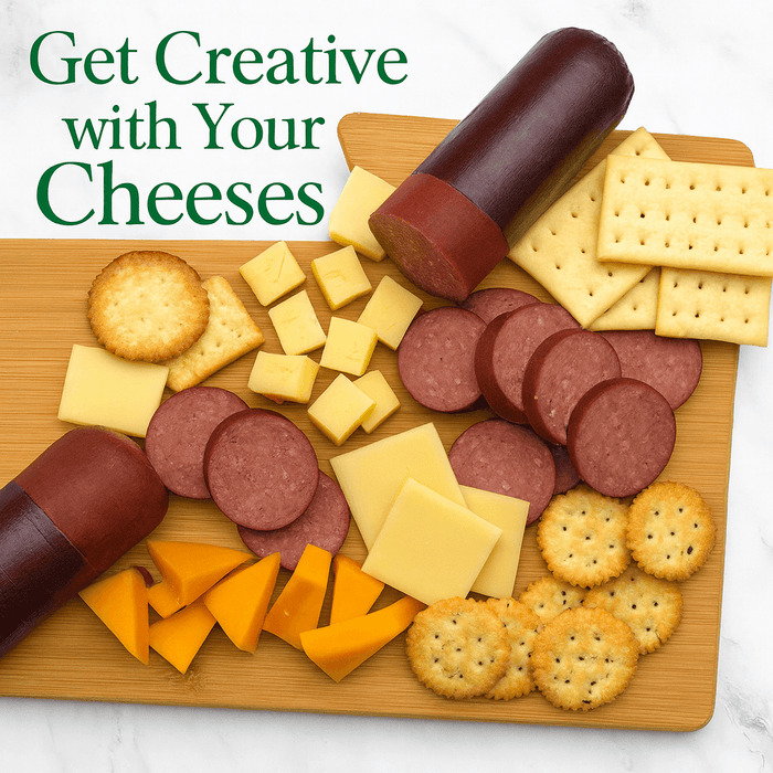 Cheese and salami snack assortment with crackers on a wooden cutting board