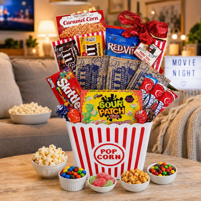 Movie night gift basket with red-and-white popcorn tub and colorful candy snacks