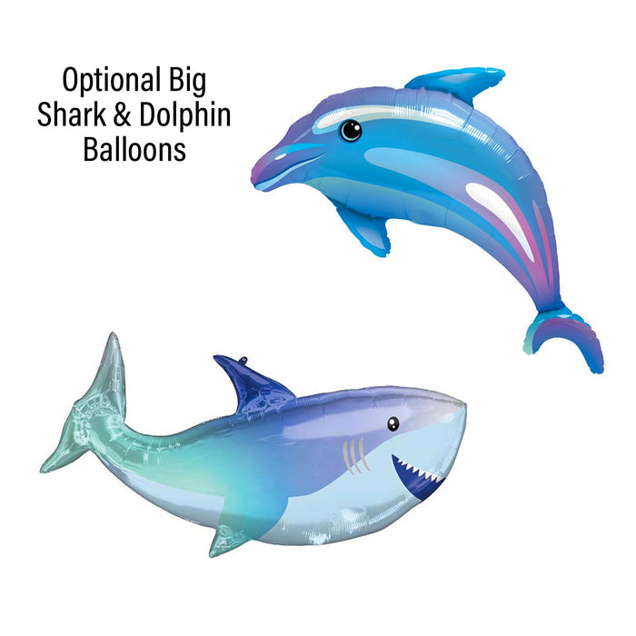 Large blue shark and dolphin balloon decorations with metallic fin details