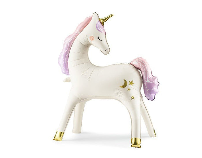 White unicorn balloon with pink mane, gold horn, and gold star details