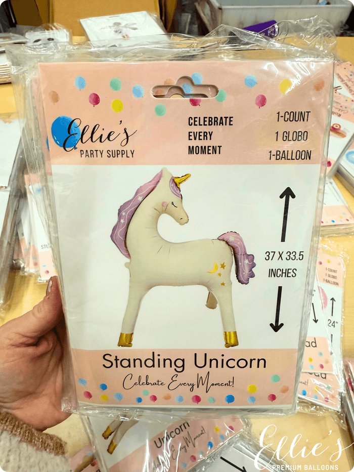 Standing unicorn balloon in clear packaging box