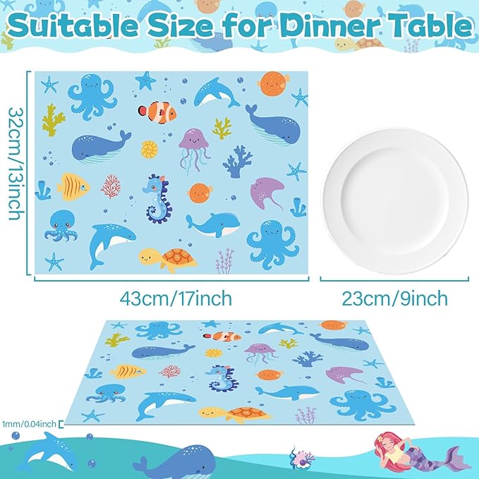 Blue sea-animal kids placemat with dolphins, fish, jellyfish, and coral cartoon print