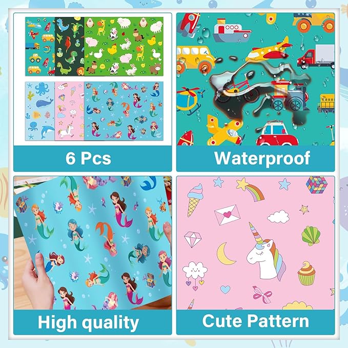 Kids placemats set with colorful cartoon ocean, farm, and mermaid/unicorn designs