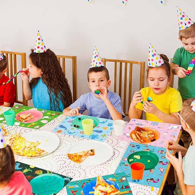 Colorful kids table placemats with ocean animal cartoon scenes during mealtime