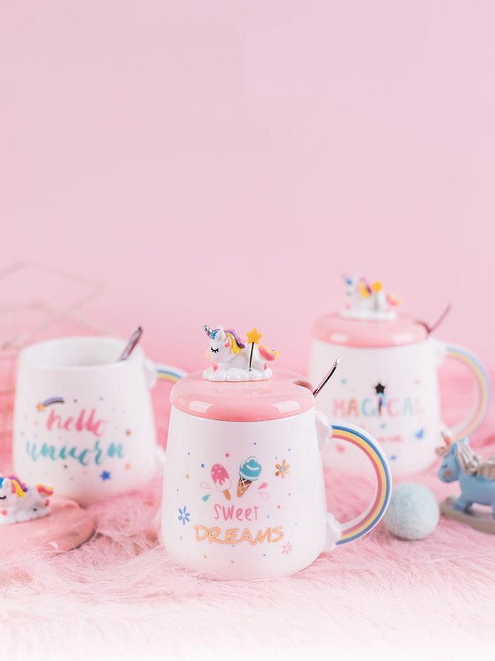 Unicorn mug with pink lid and spoon, white cup with rainbow handle and sweet dreams design
