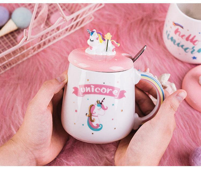 Unicorn mug with pink lid and spoon, white cup with rainbow handle and unicore artwork