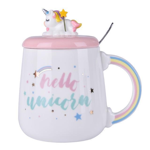Unicorn mug with pink lid and spoon, white cup with rainbow handle and hello unicore text