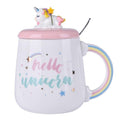 Unicorn mug with pink lid and spoon, white cup with rainbow handle and hello unicore text