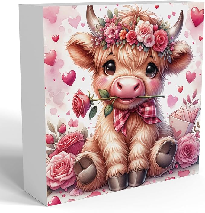 Valentine's wooden decor sign with cute Highland cow, roses and hearts