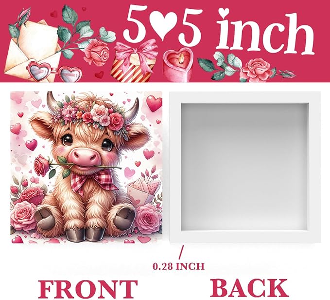 Valentine's wooden decor sign, front view with Highland cow and floral hearts